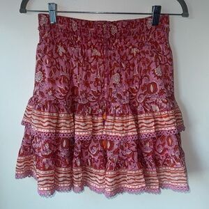 BELL by ALICIA BELL Pink Paisley Cotton Mini Skirt Smocked Beaded Sz M
